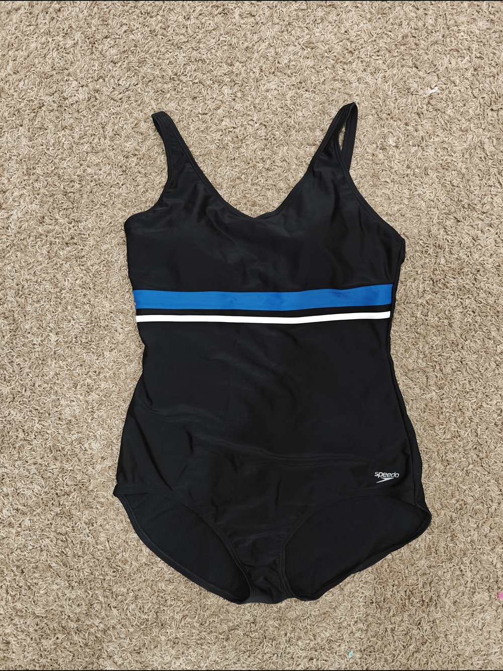 Speedo Black One-Piece Swimsuit with Blue and White Waist Stripe Size XL